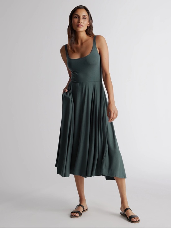 Quince Dresses & Skirts - Quince Tencel Jersey Fit & Flare Dark Olive Green Sleeveless Cami Midi Dress M